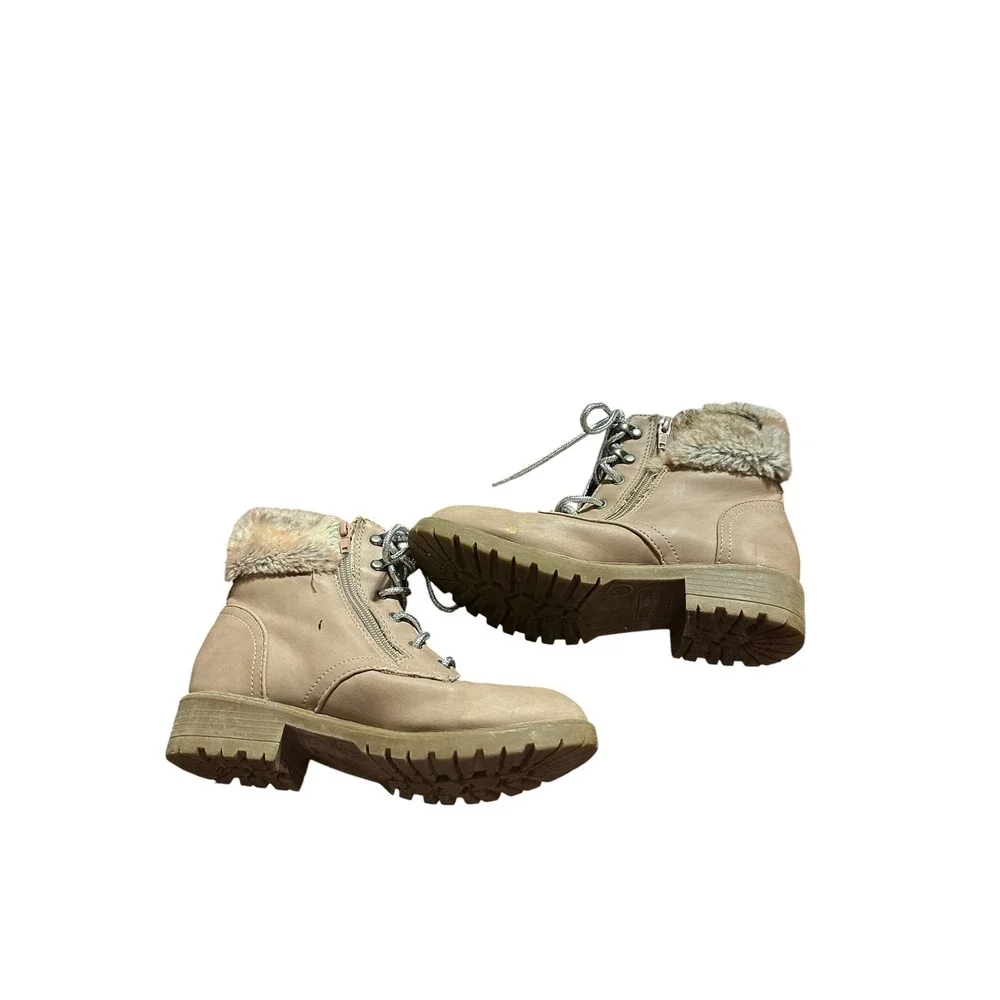 Kids Faux Fur Collar Combat Boots Lace Up Zip Closure‎ Light Pink Casual
